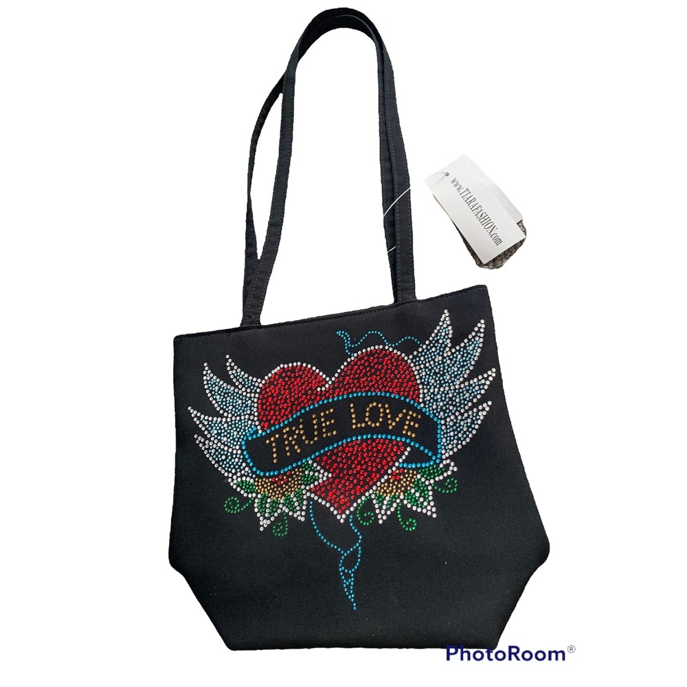 NWT Rhinestone heart angel wings studded black tote bag fabric zip top